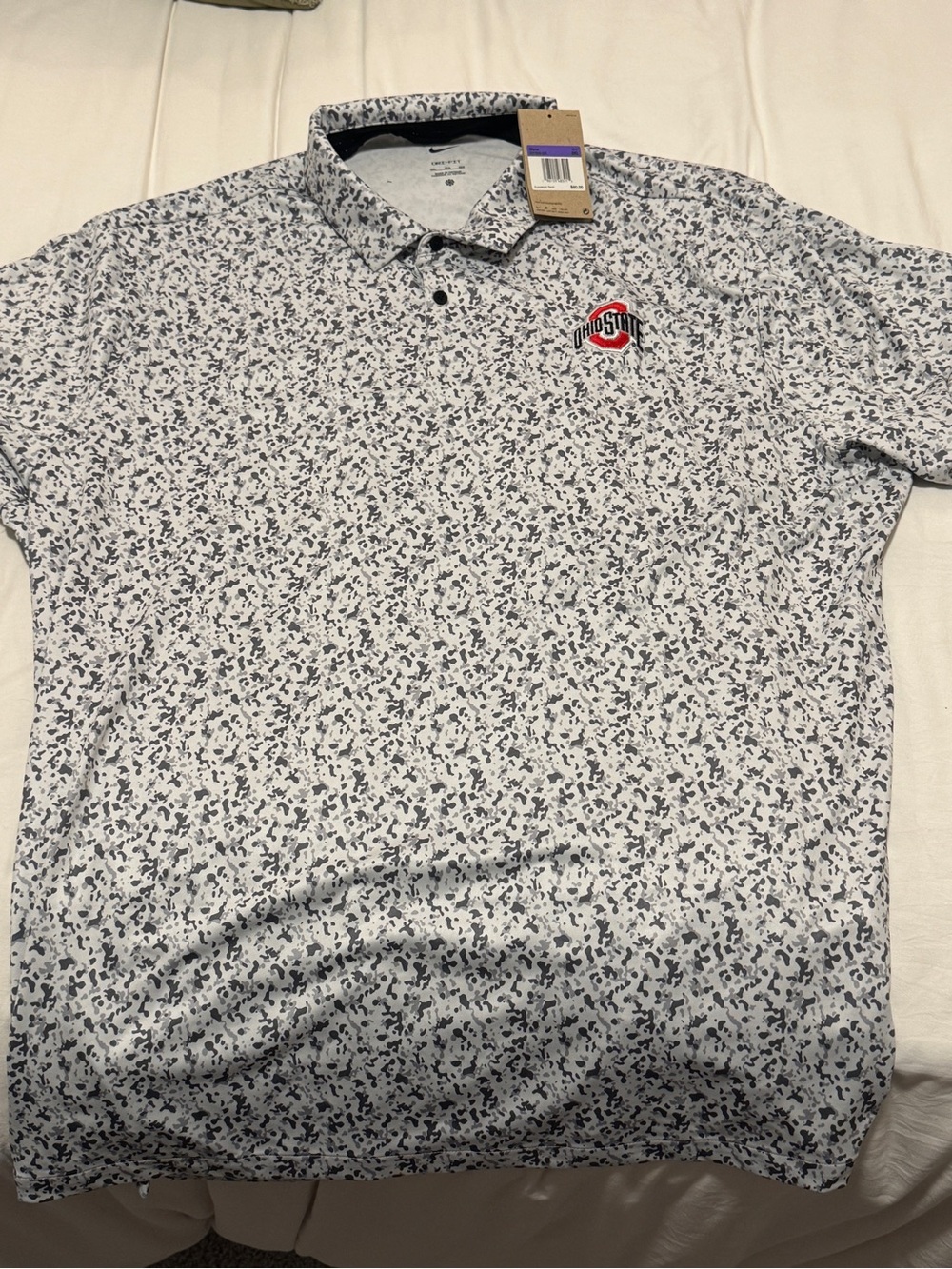 Nike Men's White and Gray Microprint Polo with Ohio State Logo